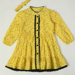 Bella Moda Girls Floral Print Cotton Cuffed Sleeves A-Line Dress-picture-48