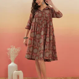 InWeave Ethnic Motifs Printed Shirt Collar A-Line Dress image 1