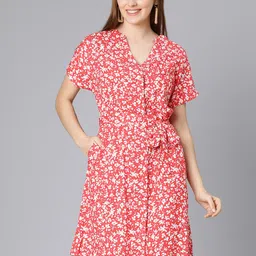 Oxolloxo Women Red Floral Satin A-Line Dress-picture-16