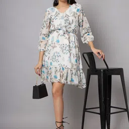 SHRIMAY V-Neck Puff Sleeves Fit & Flare Floral Dress-picture-20