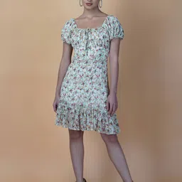 RAASSIO Sqaure Neck Floral Printed Georgette A-Line Dress-picture-37
