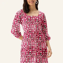 DressBerry Pink & White Printed A-Line Dress-image-34