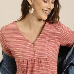 Taavi Women Coral Woven Legacy Cotton Striped A-Line Dress-image-30