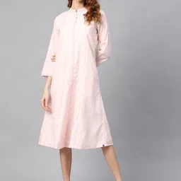 Biba Women Off-White & Pink Self-Striped A-Line Dress-image-43