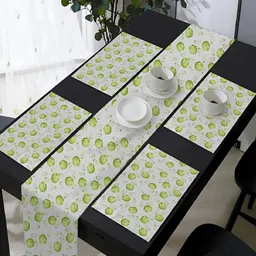 OASIS Green & Off White 5 Pieces Printed Cotton Table Mats with Runner-picture-12
