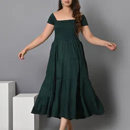 IQRAAR Off Shoulder Smocked Tiered Fit & Flare Midi Dress-picture-44