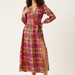 Sleek Italia Ethnic Motifs Print Puff Sleeve Crepe Wrap Midi Dress-image-95