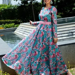 AKS Couture Floral Printed Fit & Flare Maxi Ethnic Dresses image 1