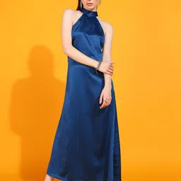 DODO & MOA Blue Mock Neck Satin Maxi Casual Dress-picture-25