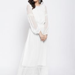 DODO & MOA Women White Round Neck Semi Sheer Flared Maxi Dress-picture-2