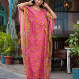 Aujjessa Floral Print Cotton Kimono Sleeves Maternity Maxi Casual Dress-picture-45