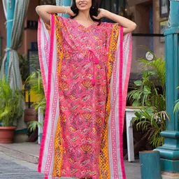 Aujjessa Floral Print Cotton V-Neck Kimono Sleeves Maternity Maxi Dress-picture-47