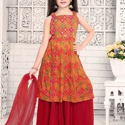 Lagorii Girls Sleeveless And Mirror worked Palazzo Set - Red-image-11