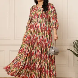 DEEBACO Plus Size Floral Printed Puff Sleeve Maxi Dress-picture-17