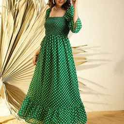StyleStone Square Neck Polka Dot Print Puff Sleeve Crepe Maxi Dress-picture-23
