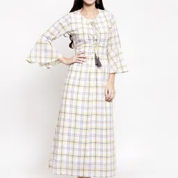 Purple State Checked Tie-Up Neck Bell Sleeve Cotton Maxi Dress-picture-15