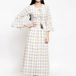 Purple State Checked Bell Sleeves Round Neck Cotton Maxi Dress-picture-12