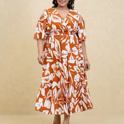 20Dresses Plus Size Rust Printed Bell Sleeves Fit and Flare Midi Dress-picture-49