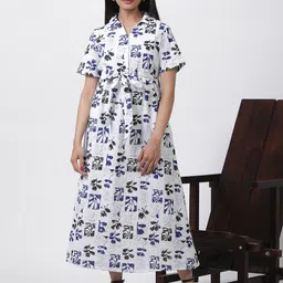 W Floral Printed Shirt Collar Short Sleeves Maxi Shirt Dress-picture-32