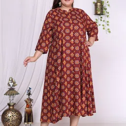 KALINI Plus Size Ethnic Motifs Printed Mandarin Collar A-Line Dress image 1
