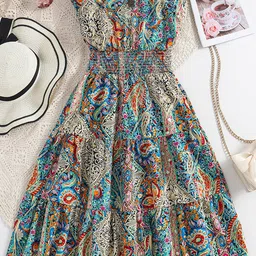 StyleCast Girls Grey Ethnic Motifs Printed Smocked Tiered Maxi Dress-image-53