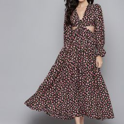 SASSAFRAS Black & Pink Floral Waist Cut-Out Maxi Dress-picture-22