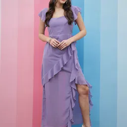 Athena Lavender Square Neck Flutter Sleeves Ruffled Detailed Maxi Dress-picture-39