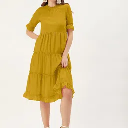 DressBerry Mustard Yellow Puff Sleeve Fit & Flare Midi Dress-picture-11