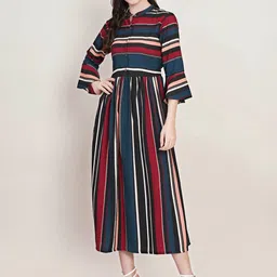 U&F Teal Striped Bell Sleeve Crepe Fit & Flare Midi Dress-picture-20