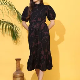SHEETAL Associates Women Shirt Collar Floral Printed Puff Sleeve Fit & Flare Midi Dress-picture-13