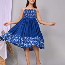 KALINI Floral Printed Shoulder Straps Smocked Fit & Flare Midi Dress-picture-13