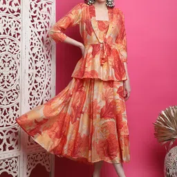 Aawari Printed Sleeveless Fit and Flare Midi Dress With Shrug image 1