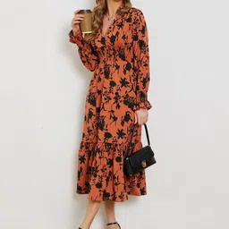 StyleCast Orange & Black Floral Print Fit & Flare Midi Dress-picture-29