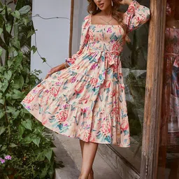 StyleCast Pink Floral Printed Bell Sleeve Smocked Belted Tiered Fit & Flare Dress-picture-16