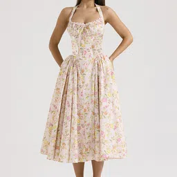 StyleCast x Revolte Pink Halter Neck Floral Print Fit & Flare Midi Dress-picture-56