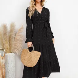 StyleCast Black Self Design V-Neck Fit & Flare Midi Dress image 1