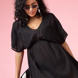 EVERYDAY by ANI V-Neck Extended Sleeves Gathered Or Pleated Cotton Blouson Midi Dress-image-44