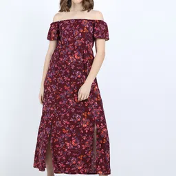 Tokyo Talkies Maroon Floral Off-Shoulder Midi Dress-image-40