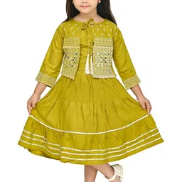 BAESD Girls Ethnic Motifs Printed Round Neck Linen A-Line Midi Dress With Jacket-picture-31