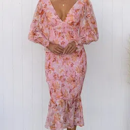 StyleCast Pink Floral Printed Smocked Detail Sheath Midi Dress-picture-19