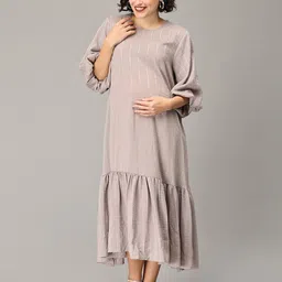 The Mom Store Striped Puff Sleeves Tiered Maternity A-Line Midi Dress-picture-22