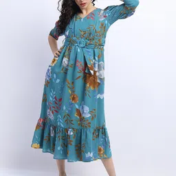 Tokyo Talkies Women Blue & Brown Floral Belted Empire Midi Dress-picture-25