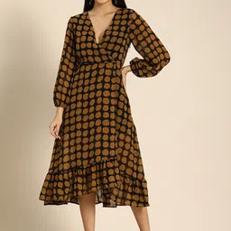 DODO & MOA Black Polka Dots Printed Puff Sleeve Georgette Midi Dress-picture-18