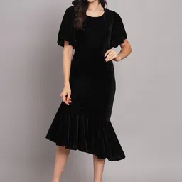 VAARARO Flared Sleeve Velvet Sheath Midi Dress-picture-11