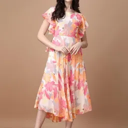 VenderVilla Women Floral Printed Flutter Sleeve Fit and Flare Midi Dress-picture-14