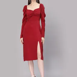 aayu Sweetheart Neck Front Slit Satin Sheath Midi Dress-picture-20