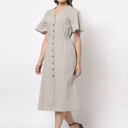 Gipsy Beige & Black Striped Satin A-Line Midi Dress-picture-34