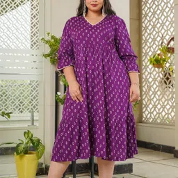 NANGALIA RUCHIRA Plus Size Purple A-Line Midi Cotton Dress-picture-13
