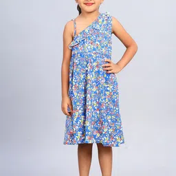 ZION Floral Printed Shoulder Straps Ruffled Cotton A-Line Midi Dress-picture-34