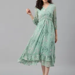 Latin Quarters Floral Printed V-Neck Gathered & Tiered Detail Empire Midi Dress-picture-28